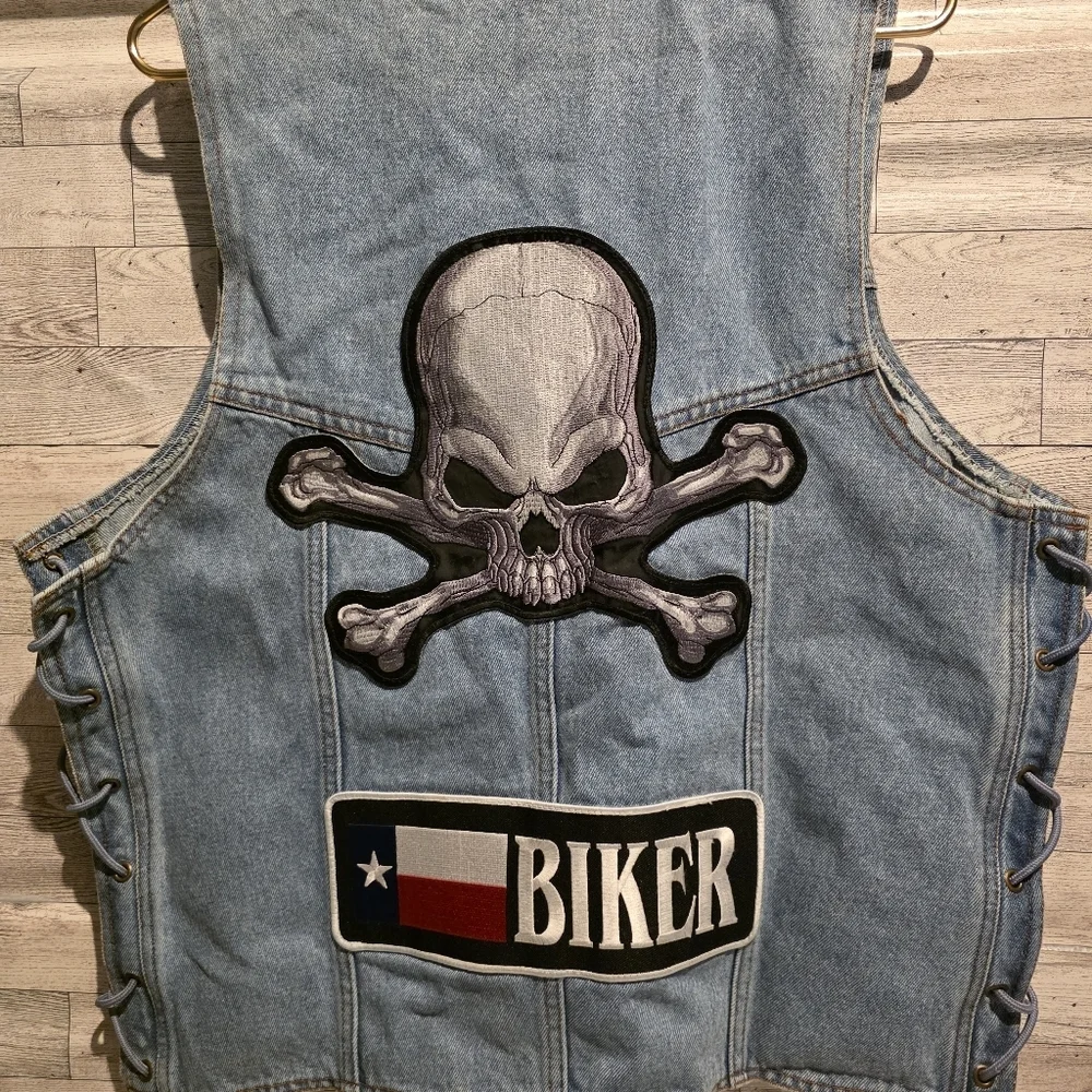 Vintage Denim Skull Patch Vest - Light Blue